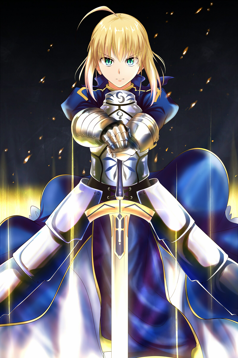 1girl, ahoge, armor, armored_dress, blonde_hair, dress, excalibur, fate/stay_night