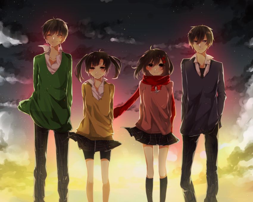 2boys, 2girls, black_hair, chunnkoromochi, closed_eyes, enomoto_takane, hair_ornament, hairclip