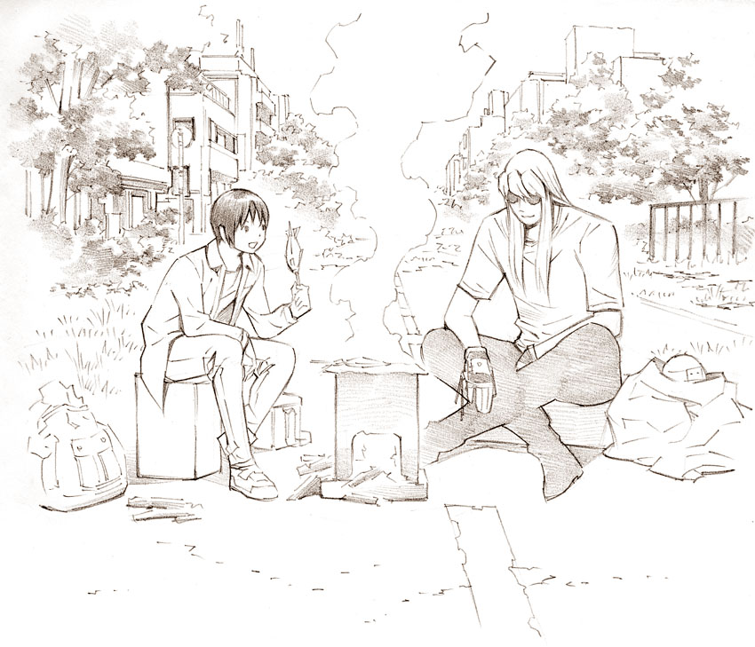 2boys, bolt_crank, chikyuu_no_houkago, eat-man, monochrome, multiple_boys, sketch, yoshitomi_akihito