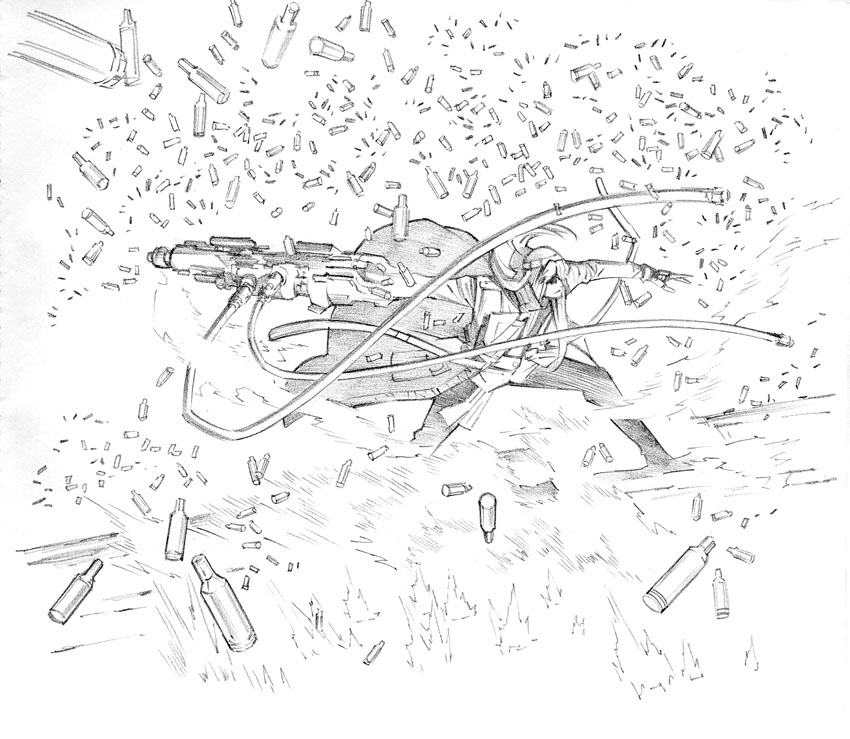 bolt_crank, eat-man, long_hair, monochrome, sketch, solo, weapon, yoshitomi_akihito
