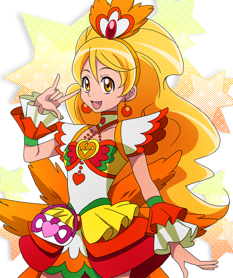 1girl, \m/, alternate_form, blonde_hair, brown_eyes, choker, coconut_samba, cure_honey, earrings, frills, happinesscharge_precure!, jewelry, long_hair, magical_girl, masako_(sabotage-mode), oomori_yuuko, precure, skirt, smile, solo, star, starry_background, wrist_cuffs