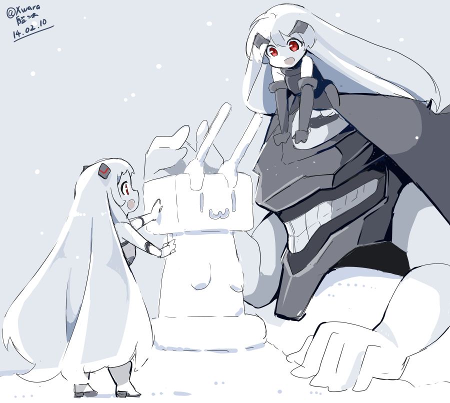 2girls, airfield_hime, anchorage_oni, black_hair, blush, breasts, horns, kantai_collection, long_hair, multiple_girls, open_mouth, pale_skin, personification, red_eyes, rensouhou-chan, shinkaisei-kan, silver_hair, smile, snowing, snowman, very_long, very_long_hair, wara_(warapro), white_hair