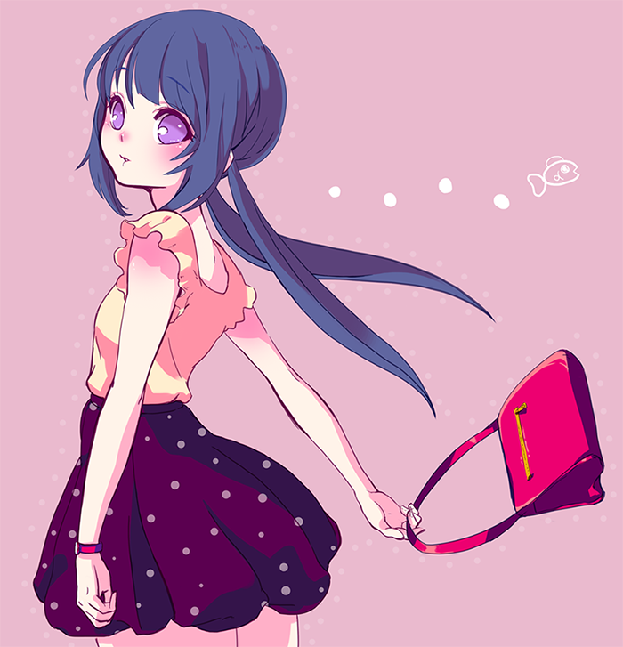 1girl, alternate_hairstyle, bag, black_hair, blue_eyes, casual, handbag, long_hair