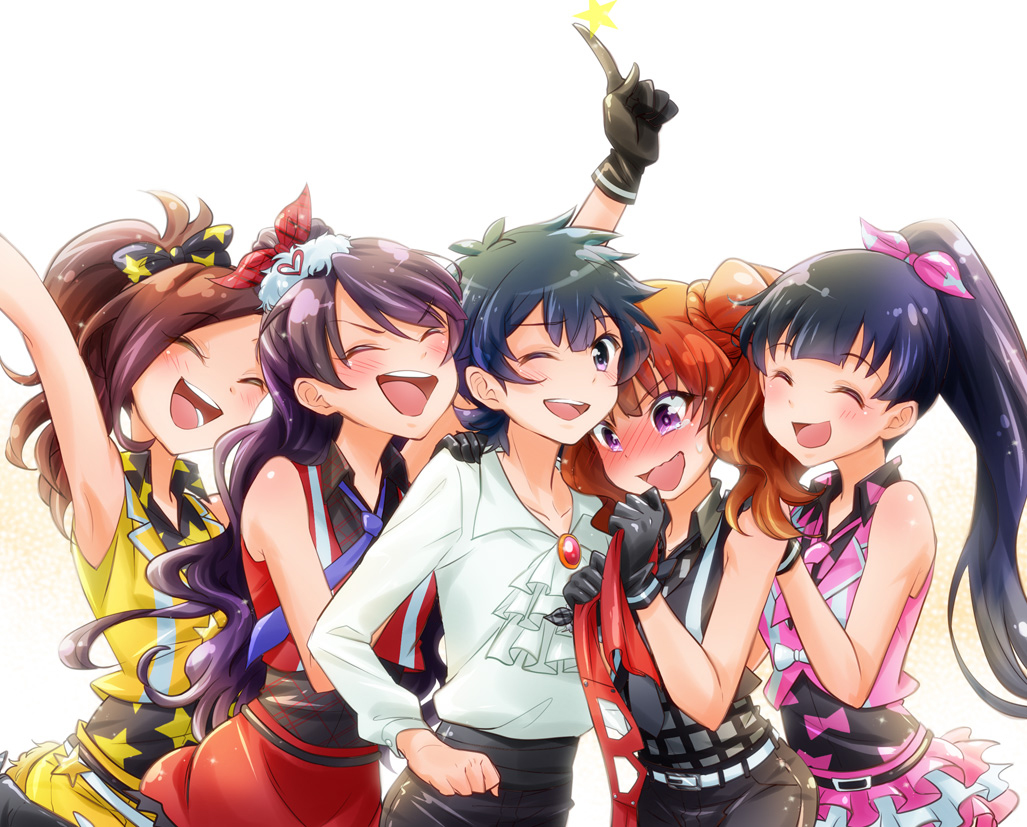 1boy, 4girls, ageha_mia, blush, brown_hair, frills, gloves, harune_itsuki
