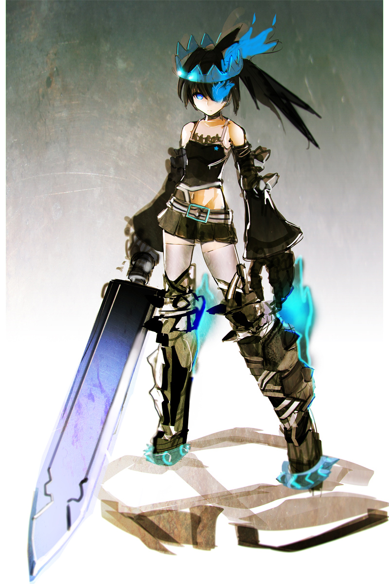 1girl, alternate_costume, alternate_hairstyle, black_hair, black_rock_shooter, black_rock_shooter_(character), black_rock_shooter_beast, blue_eyes