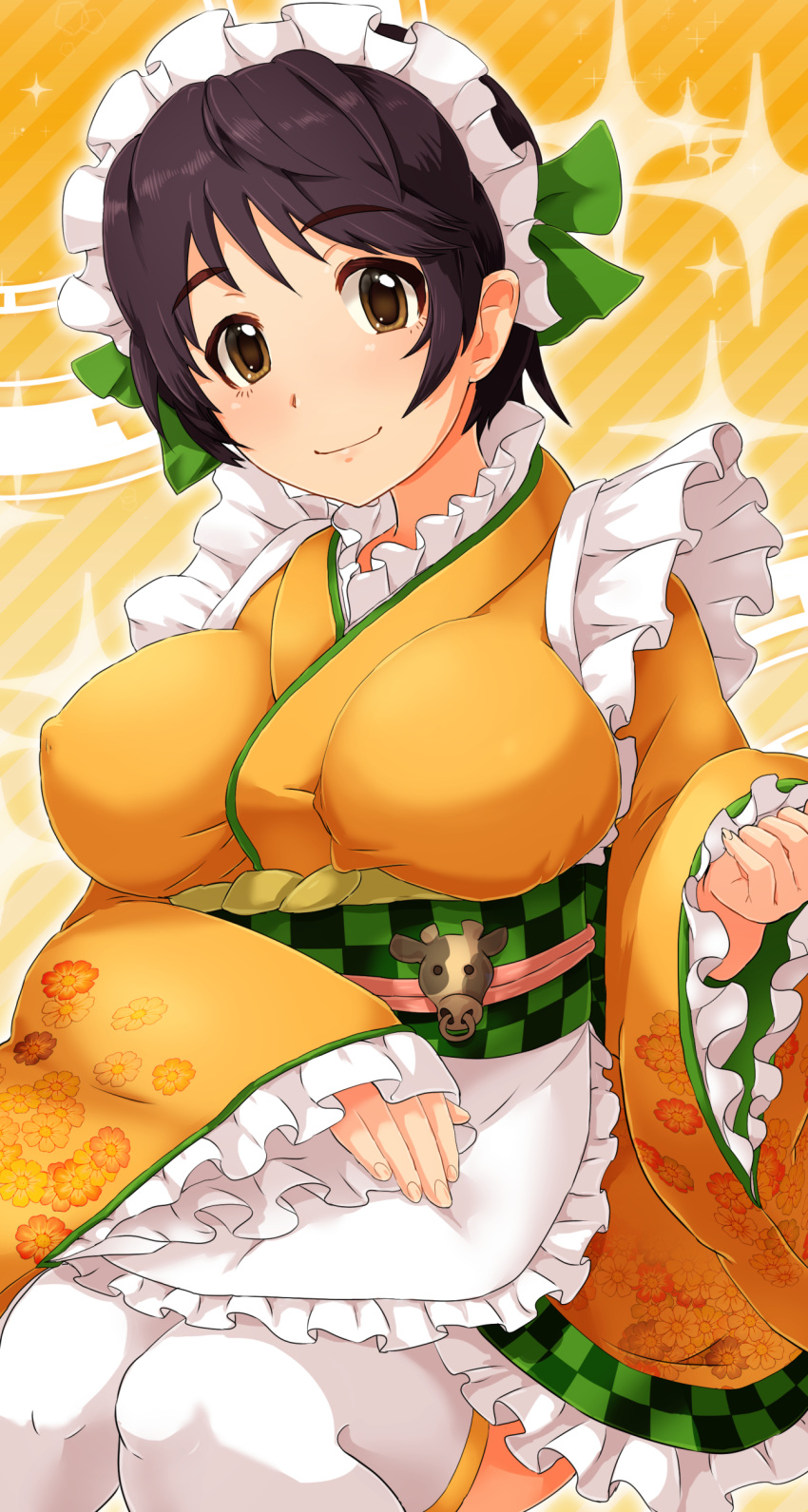 1girl, absurdres, alternate_costume, breasts, brown_eyes, brown_hair, enmaided, highres