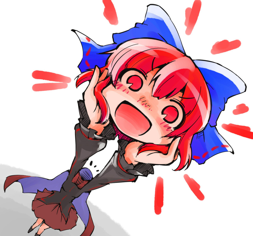 1girl, :d, bow, cape, check_commentary, disembodied_head, hair_bow, head_lift