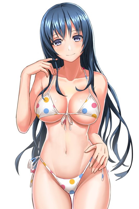 1girl, bikini, black_hair, blue_eyes, breasts, highleg, highleg_bikini, highleg_swimsuit, kk_aa_nn_ii, large_breasts, lips, long_hair, original, polka_dot, polka_dot_bikini, polka_dot_swimsuit, smile, solo, swimsuit, white_background