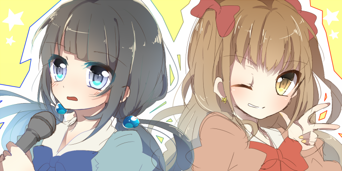 2girls, akako, alternate_hairstyle, black_hair, blue_eyes, brown_eyes, brown_hair, dress