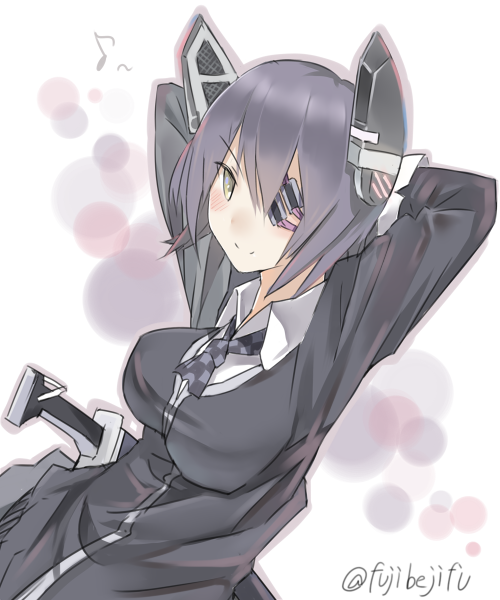 1girl, arms_behind_head, blush, breasts, checkered_necktie, eyepatch, fujibejifu, headgear, kantai_collection, large_breasts, looking_at_viewer, musical_note, necktie, personification, purple_hair, short_hair, simple_background, smile, solo, sword, tenryuu_(kantai_collection), twitter_username, weapon, yellow_eyes