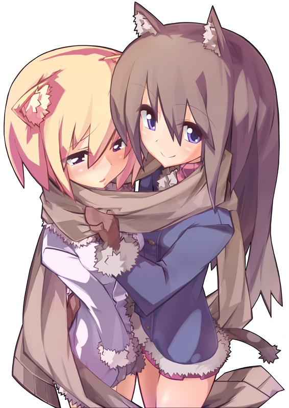animal_ears, black_hair, blonde_hair, blue_eyes, cat_ears, cat_tail, coat, kinakomochi