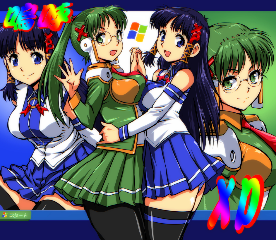 2girls, black_hair, blue_eyes, blue_skirt, blush, breast_press, breasts, glasses
