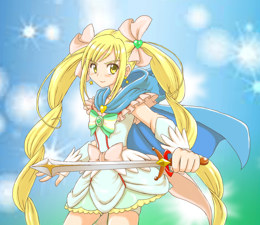 1girl, blonde_hair, blue_background, bow, cape, cure_echo, frills, hair_ribbon