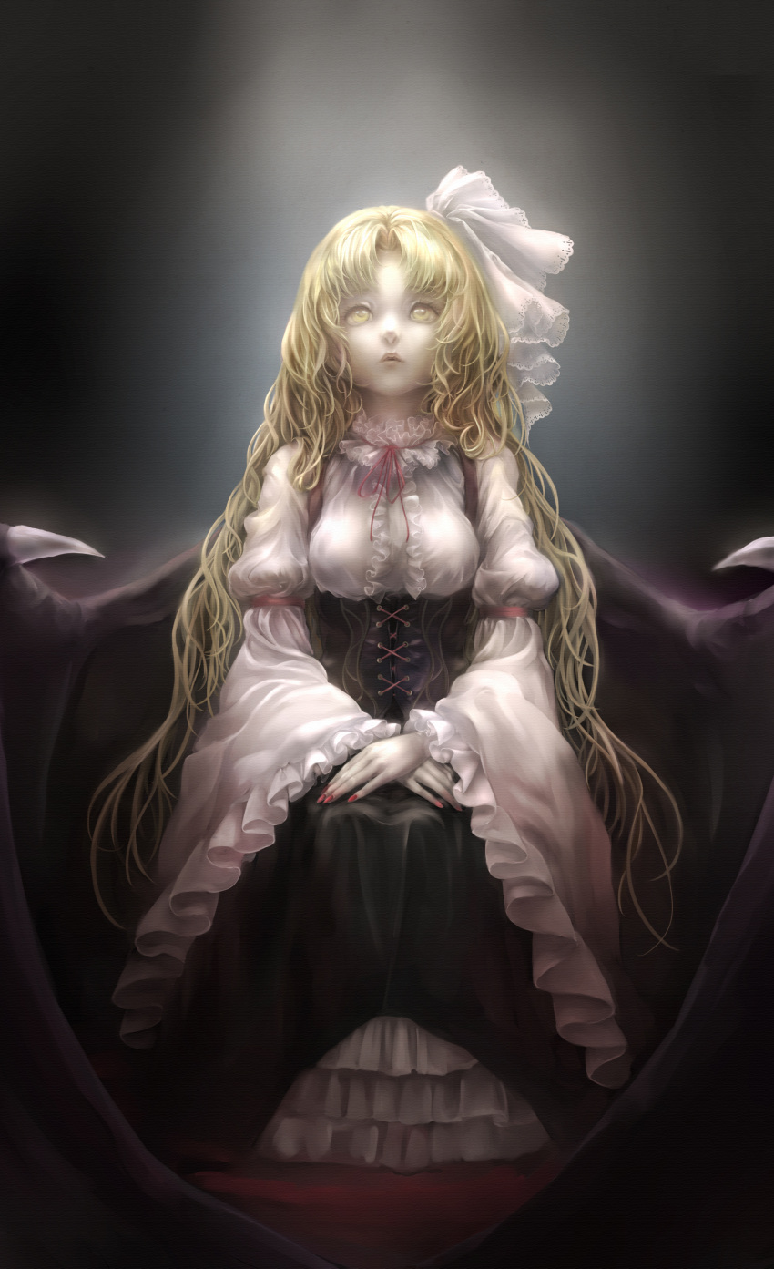 1girl, absurdres, bat_wings, blonde_hair, dress, grape-kun_ganbaranai, highres, kurumi_(touhou), long_hair, ribbon, solo, touhou, touhou_(pc-98), wings, yellow_eyes