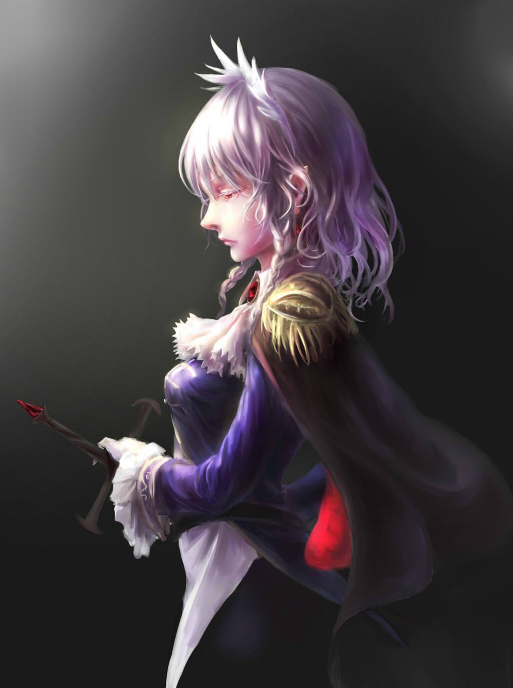 1girl, braid, cape, grape-kun_ganbaranai, highres, izayoi_sakuya, jewelry, maid_headdress