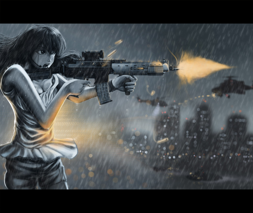 1girl, assault_rifle, battlefield_(series), battlefield_4, bofors_ak5, breasts, casing_ejection, city, earpiece, firing, fn_fnc, gun, highres, letterboxed, long_hair, mi-24, mint_chocolate, muzzle_flash, parody, rain, rifle, shell_casing, t-shirt, weapon, wink