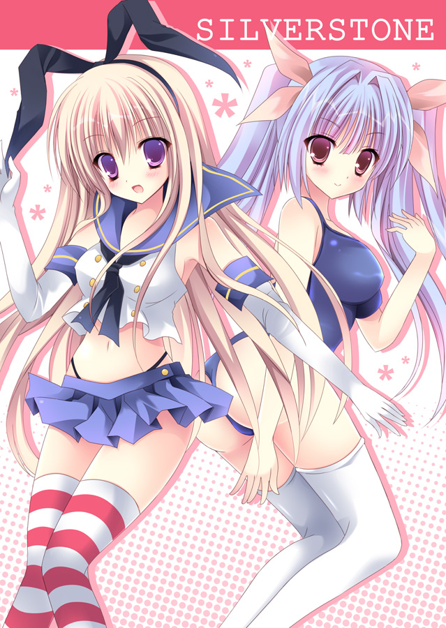 2girls, ass, blonde_hair, blue_hair, blush, breasts, elbow_gloves, flat_chest