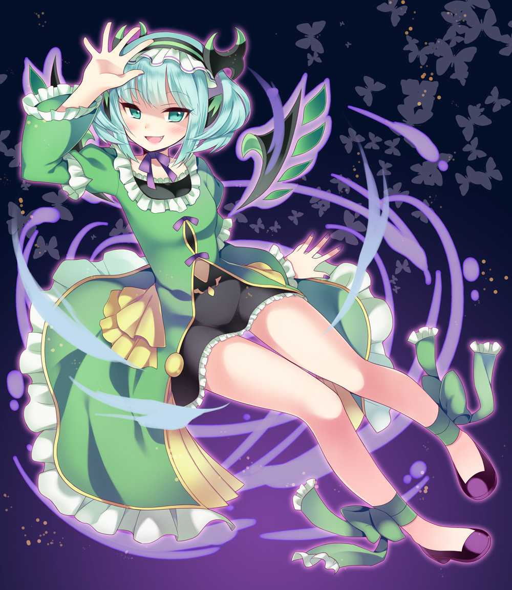 1girl, ankle_ribbon, aqua_eyes, aqua_hair, astaroth_(p&amp;d), hairband, kaki_s, looking_at_viewer