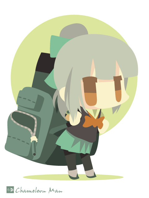 1girl, backpack, bag, bow, brown_eyes, chameleon_man_(three), chibi, grey_hair