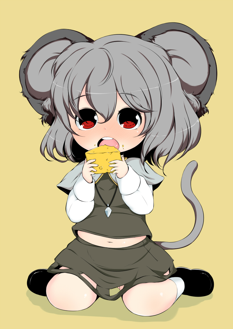 belly, cheese, eating, grey_hair, jewelry, louise-louis-lucille, mouse_ears, mouse_tail, nazrin, pendant, plump, red_eyes, short_hair, tail, touhou