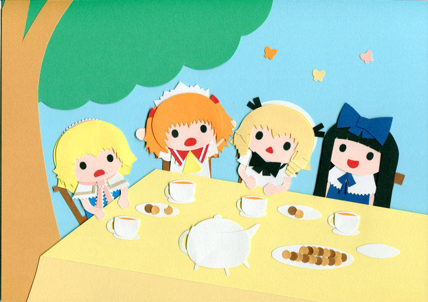 4girls, absurdres, alice_margatroid, highres, luna_child, multiple_girls, paper_(medium), poru_(tohopunk), star_sapphire, sunny_milk, touhou