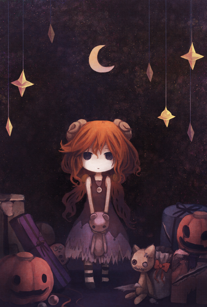 1girl, dress, gift, halloween, jack-o'-lantern, kainou, long_hair, orange_hair