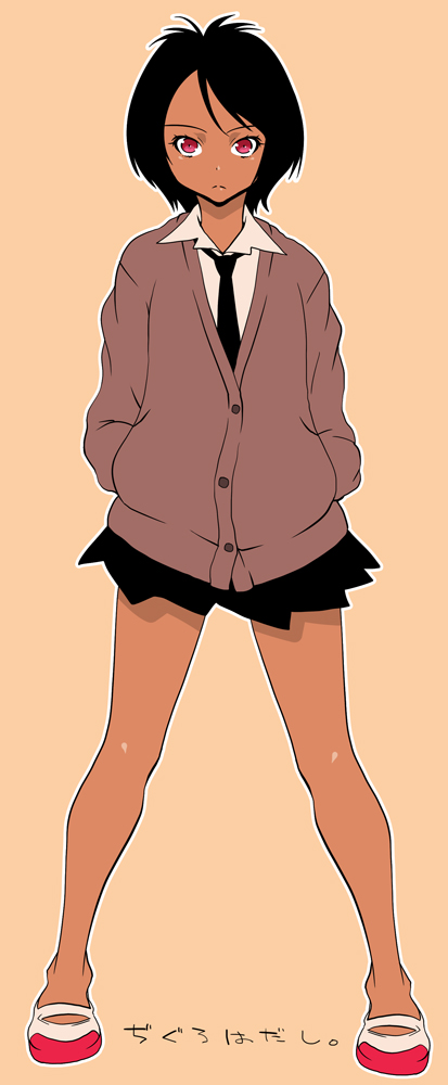1girl, bare_legs, black_hair, cardigan, dark_skin, hands_in_pockets, legs_apart, mudou_eichi