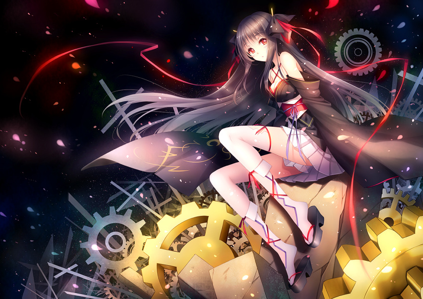 1girl, black_hair, breasts, cleavage, detached_sleeves, gears, hair_ribbon, japanese_clothes