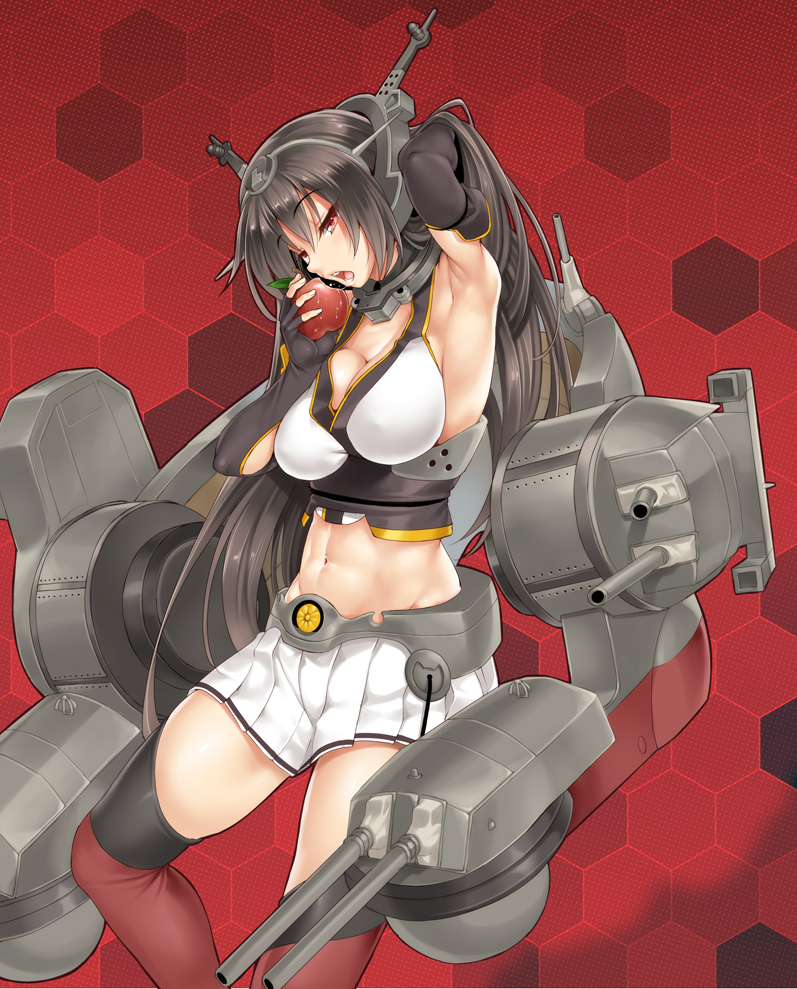 1girl, abs, apple, armpits, black_hair, blush, breasts, cannon