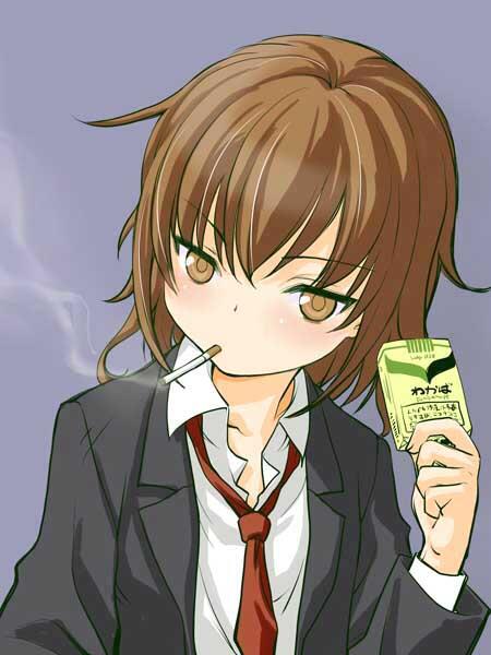 1girl, brown_eyes, brown_hair, cigarette, kantai_collection, loose_necktie, nagaoka_kenzou, necktie, object_namesake, short_hair, simple_background, smoke, smoking, solo, wakaba_(kantai_collection)
