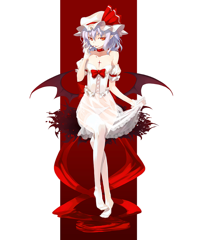 1girl, :p, bare_shoulders, bat_wings, blood, blue_hair, bow, choker