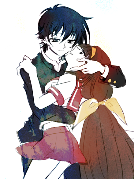 1boy, 1girl, ajimu_najimi, arm_around_waist, blue_hair, brown_hair, caress, couple
