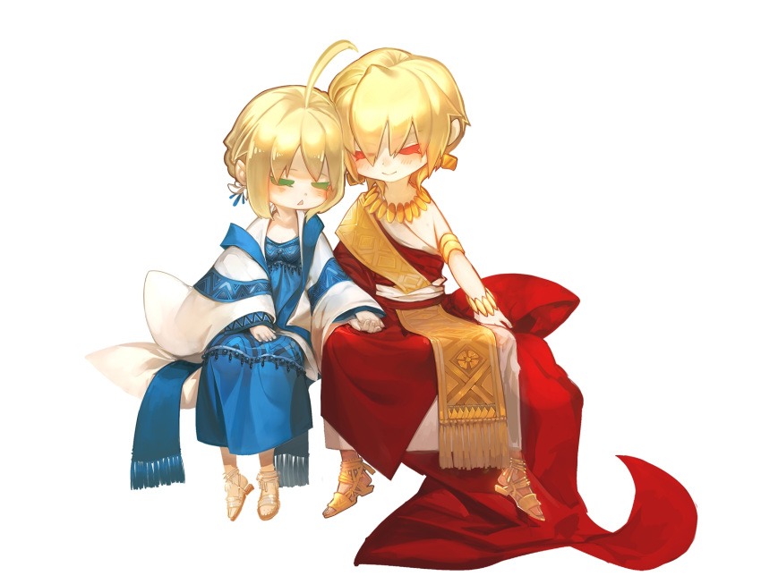 1boy, 1girl, :<, ahoge, blonde_hair, bracelet, chibi, dress
