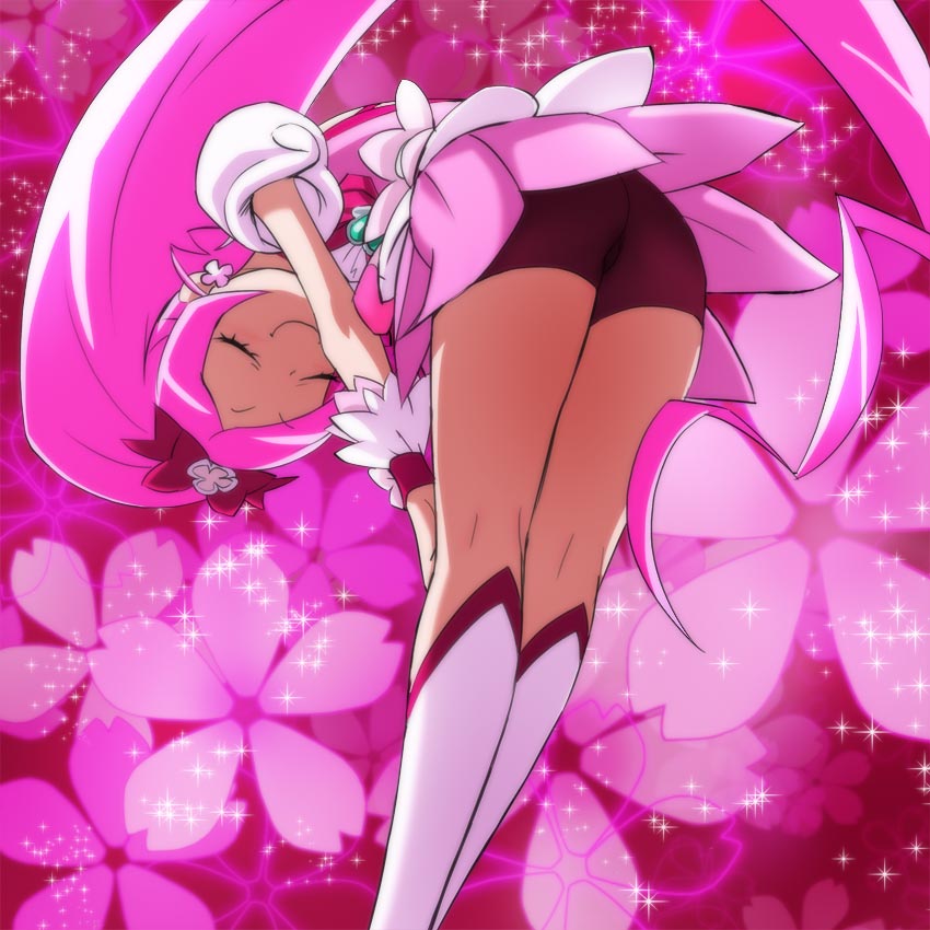 1girl, bent_over, bike_shorts, boots, bow, cherry_blossoms, closed_eyes, cure_blossom