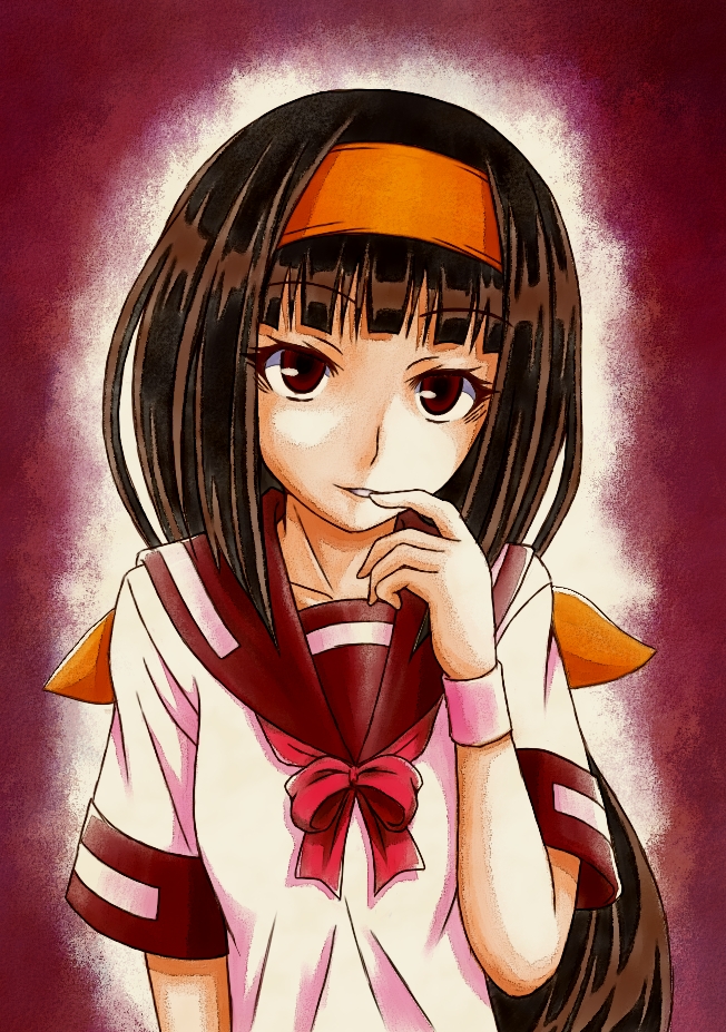 1girl, ajimu_najimi, bowtie, brown_hair, glowing, hairband, hand_on_own_face, long_hair