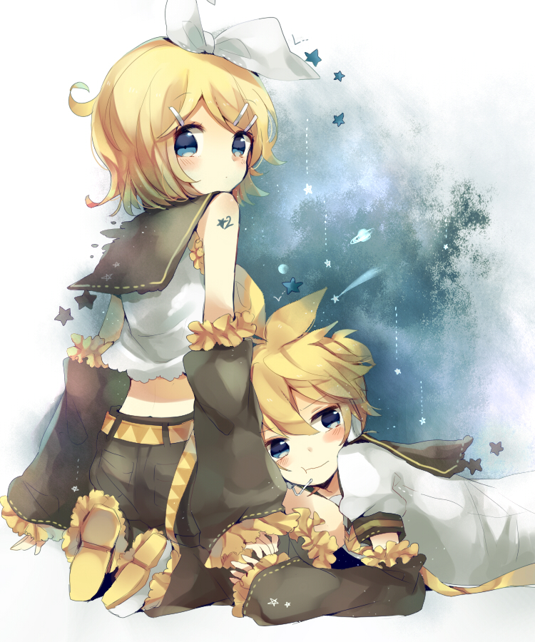 1boy, 1girl, arm_warmers, bare_shoulders, blonde_hair, blue_eyes, blush, brother_and_sister, hair_ornament, hair_ribbon, hairclip, headset, kagamine_len, kagamine_rin, leg_warmers, looking_at_viewer, looking_back, lying, lying_on_lap, necktie, niwa_(ejizon), on_stomach, ribbon, sailor_collar, seiza, short_hair, shorts, siblings, sitting, twins, vocaloid