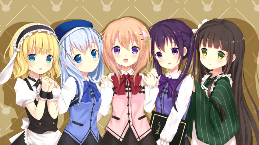 5girls, :d, :o, apron, blonde_hair, blue_eyes, blue_hair, blush