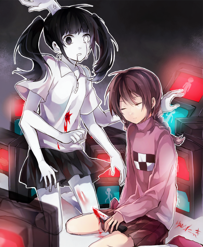 2girls, black_eyes, black_hair, blood, braid, brown_hair, closed_eyes, copyright_name