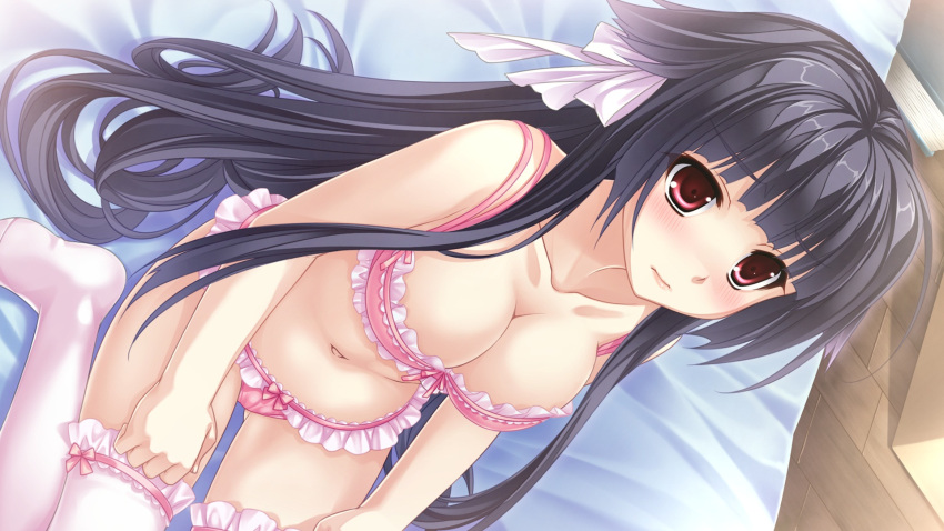 1girl, bed_sheet, black_hair, blush, bow, bow_panties, bra, from_above