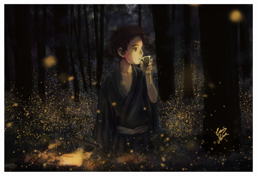 1boy, artist_name, brown_eyes, brown_hair, canis_minor, cup, drinking, glowing, holding, lantern, light_particles, mushishi, night, original, signature, solo, standing, tree