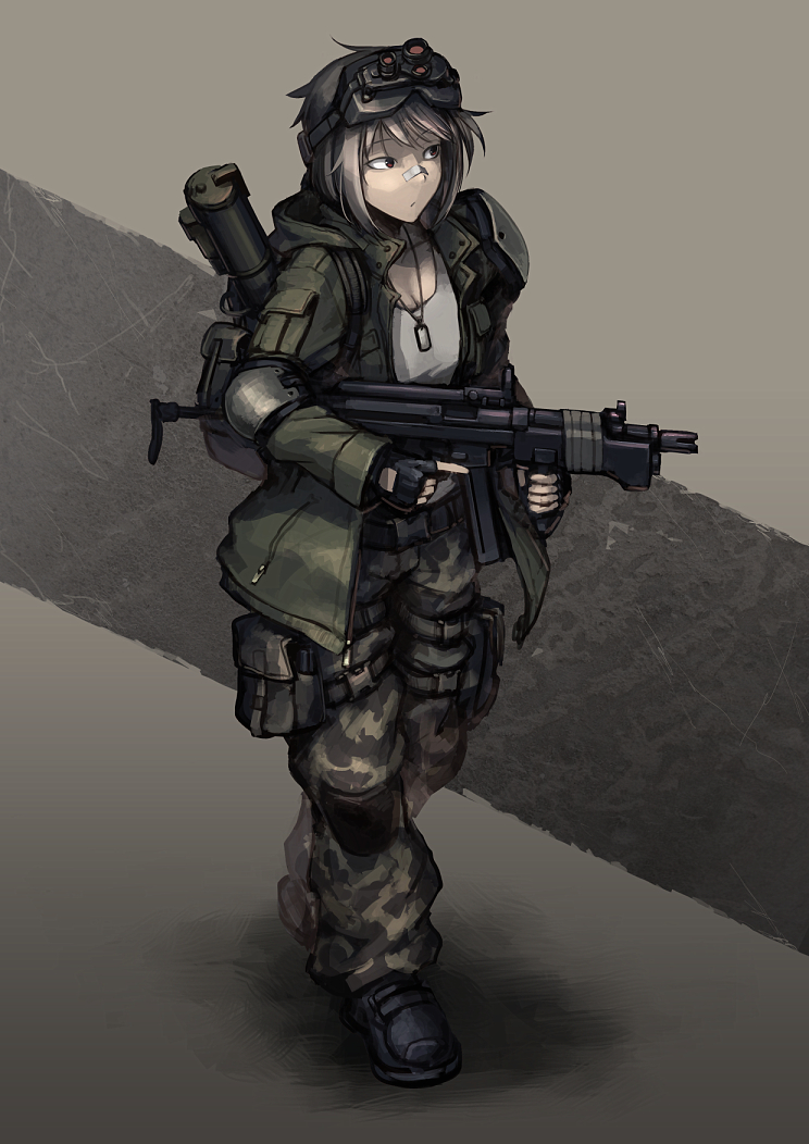 1girl, backpack, bag, bandages, belt, brown_hair, camouflage, camouflage_pants, coat, dog_tags, elbow_pads, fingerless_gloves, foregrip, gloves, goggles, gun, h&amp;k_ump, heckler_&amp;_koch, hetza_(hellshock), knee_pads, m-72_law, night_vision_device, original, pouch, red_eyes, short_hair, submachine_gun, tank_top, thigh_strap, weapon
