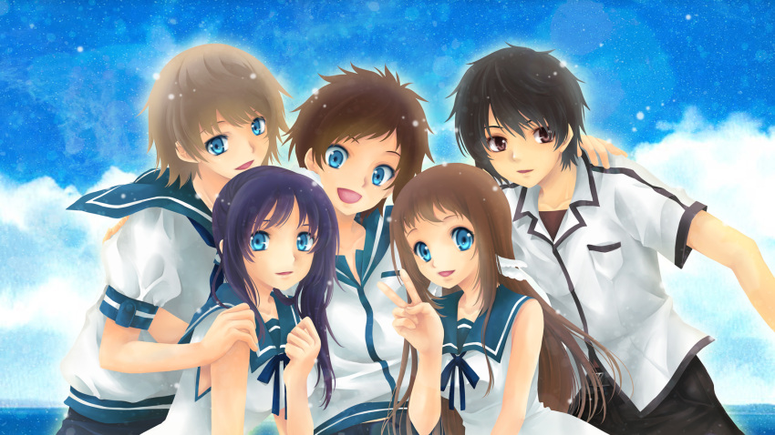 2girls, 3boys, black_hair, blue_eyes, blue_hair, brown_eyes, brown_hair, highres, hiradaira_chisaki, isaki_kaname, kihara_tsumugu, long_hair, mukaido_manaka, multiple_boys, multiple_girls, nagi_no_asukara, nico_(nicool), sailor_dress, sakishima_hikari, school_uniform, serafuku, short_hair, side_ponytail