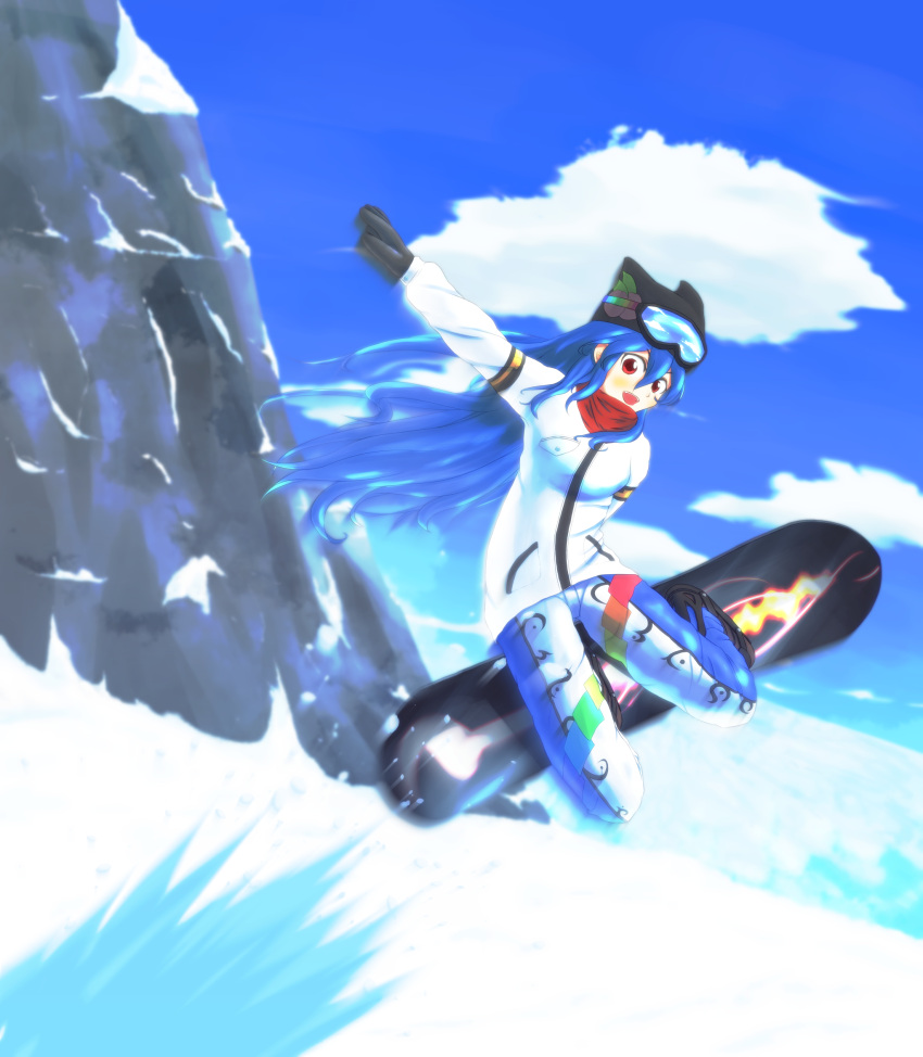 1girl, alternate_costume, blue_hair, clouds, food, fruit, goggles, hat