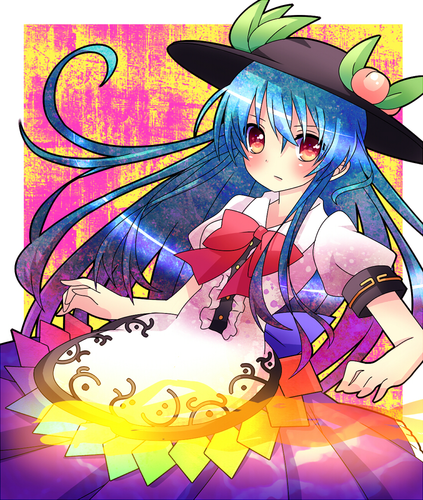 1girl, blue_hair, bow, dress, food, fruit, hat, hinanawi_tenshi