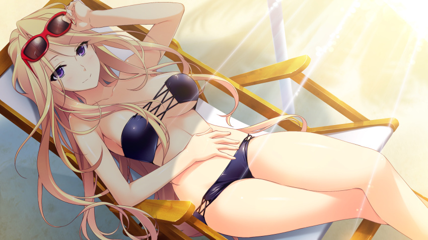 1girl, bikini, blonde_hair, breasts, chair, female, game_cg, glasses
