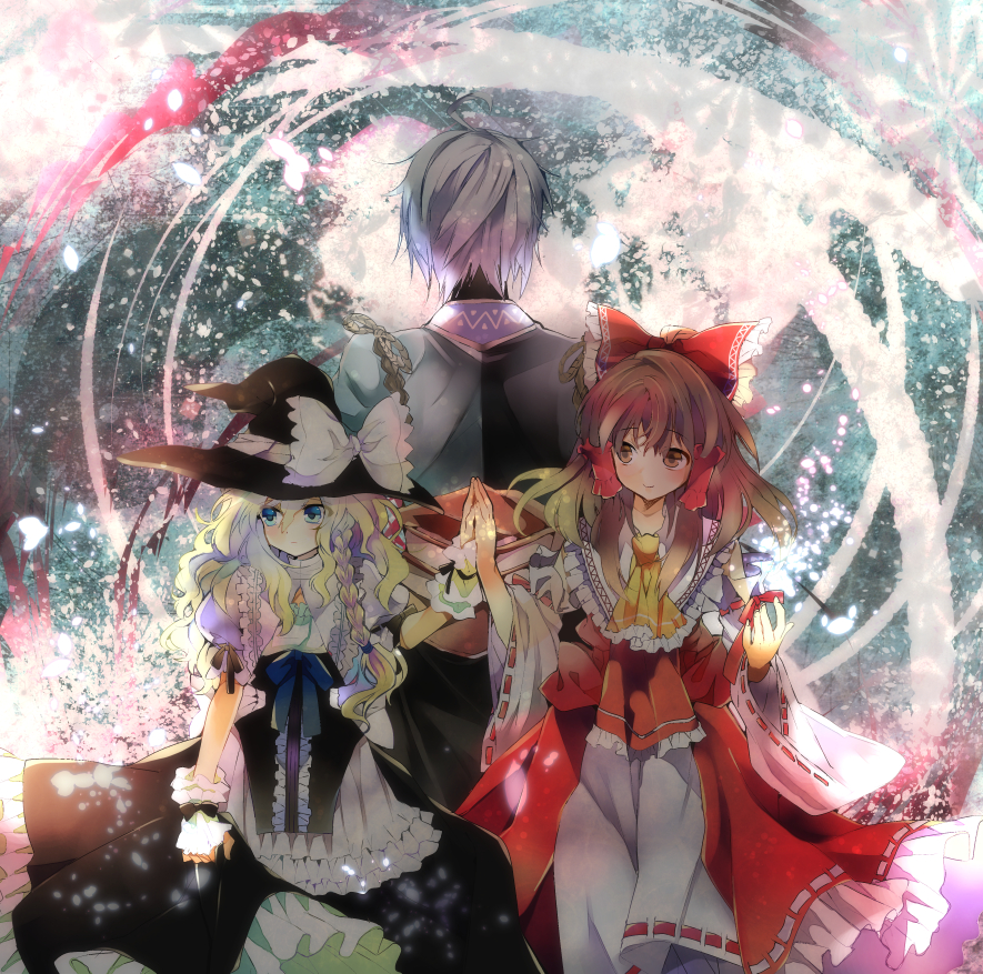 1boy, 2girls, adapted_costume, ascot, back_turned, blonde_hair, blue_eyes, bow, braid, brown_eyes, brown_hair, clenched_hand, detached_sleeves, dress, frilled_dress, frills, frown, hair_bow, hair_tubes, hakurei_reimu, hands_together, hat, japanese_clothes, kirisame_marisa, long_hair, looking_away, miko, morichika_rinnosuke, multiple_girls, petals, ribbon, rope, short_hair, side_braid, silver_hair, smile, touhou, wide_sleeves, witch_hat, yoshidasan12