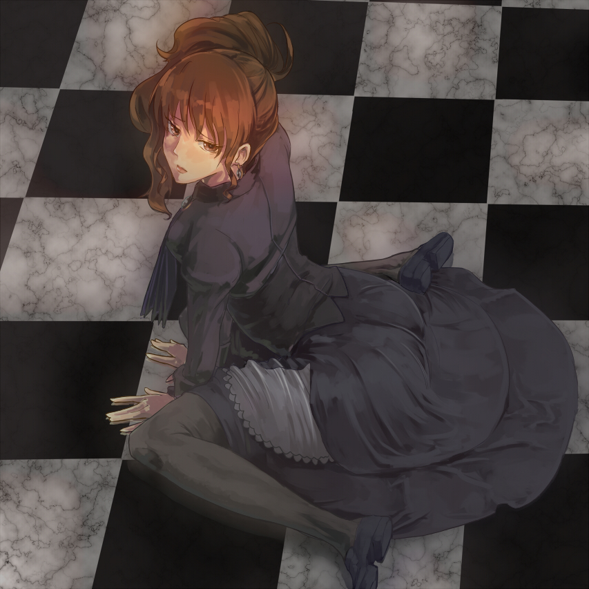 brown_hair, dress, pantyhose, ponytail, toriko, toritori, umineko_no_naku_koro_ni, ushiromiya_natsuhi