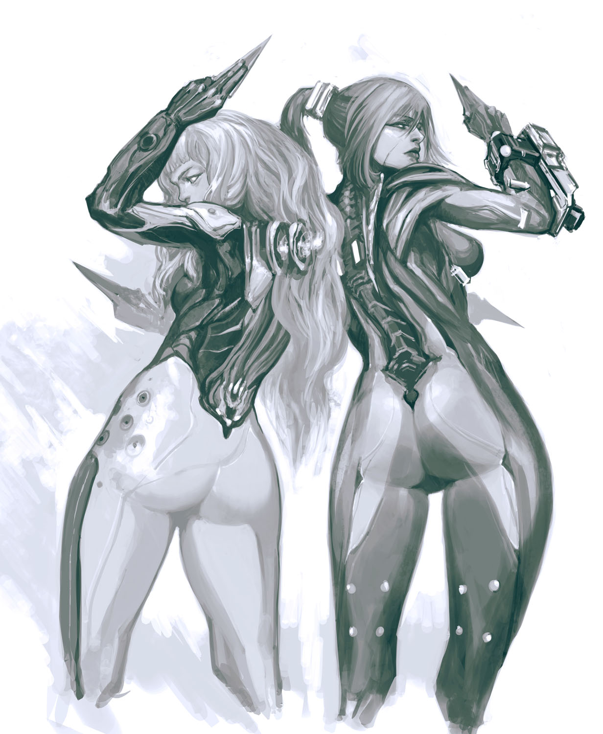 2girls, ass, bodysuit, highres, ikeda_masateru, lips, long_hair, looking_at_viewer, looking_back, monochrome, multiple_girls, nova_(warframe), ponytail, simple_background, skin_tight, valkyr_(warframe), warframe, white_background