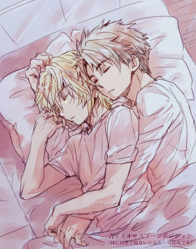 2boys, bed, blonde_hair, buddy_complex, himame, jyunyou_dio_weinburg, multiple_boys, pillow