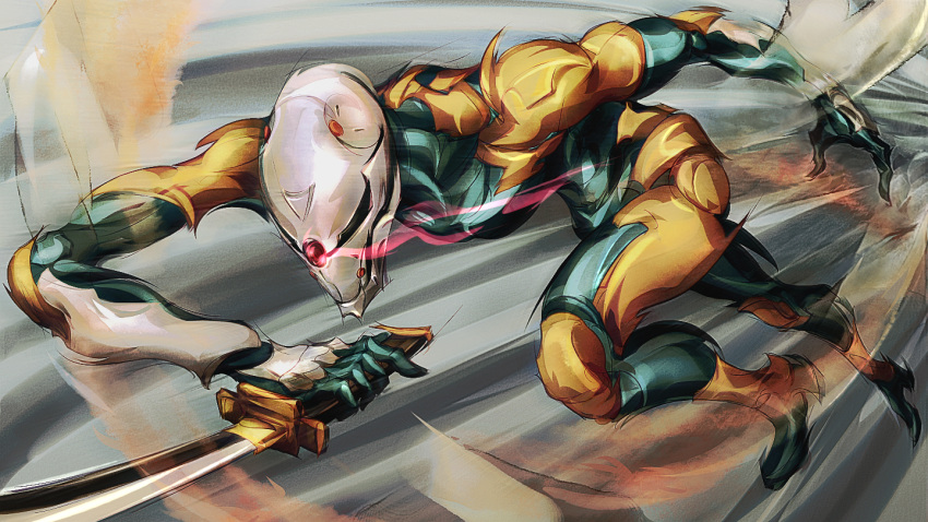 1boy, armor, byneet, cyborg, foreshortening, glowing, gray_fox, helmet, male, mask, metal_gear_(series), metal_gear_solid, ninja, running, solo, speed_lines, sword, weapon